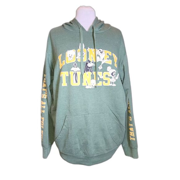 Warner Bros. Tops - Looney Tunes Green & Yellow Graphic Print Kangaroo Pocket Hoodie Size XL
